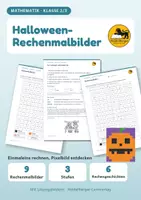 Vorschau - Arbeitsblätter - Halloween Rechenmalblätter Klasse 2/3: Einmaleins | Malen nach Zahlen, 9 Pixelbilder - Deckblatt