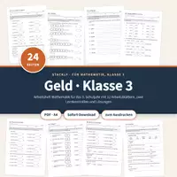 Vorschau - Arbeitsblätter - Geld Klasse 3 – Euro und Cent, Kommaschreibweise, Rechnen mit Geld, Sachaufgaben – 2 Lernkontrollen - Deckblatt