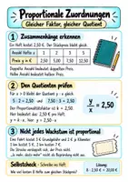 Vorschau - Merkblätter - Proportionale Zuordnungen und Dreisatz - Tabelle, Quotient und Rechnen über eine Einheit | Mathematik | Klasse 6–8 - Seite 1