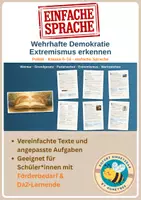 Vorschau - Unterrichtsreihen - Wehrhafte Demokratie – Extremismus erkennen: Weimar, Parteiverbot, Verfassungsschutz, Warnzeichen im Netz – Arbeitsheft in einfacher Sprache | Förderschule, Inklusion & DaZ | Klasse 9–10 - Deckblatt