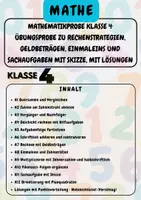 Vorschau - Arbeitsblätter - Mathematikprobe Klasse 4 Übungsprobe zu Rechenstrategien, Geldbeträgen, Einmaleins und Sachaufgaben mit Skizze, mit Lösungen Klasse 4 - Deckblatt