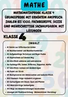 Vorschau - Arbeitsblätter - Mathematikprobe Klasse 4 Übungsprobe mit erhöhtem Anspruch: Zahlen bis 1000, Fachbegriffe, Skizze und mehrschrittige Sachaufgaben, mit Lösungen Klasse 4 - Deckblatt