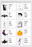 Vorschau - Arbeitsblätter - Buchstaben ordnen und Wörter verbinden - Halloween - Seite 1