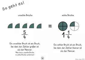 Vorschau - Arbeitsblätter - Unechte Brüche in echte Brüche umwandeln (Bruchrechnung) - Seite 1