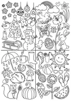 Vorschau - Mal- und Bastelvorlagen - Doodle-Cliparts-Set "Jahreszeiten" / Jahreskreis / Ausmalbild - Seite 1