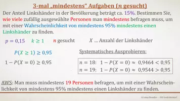 Vorschau - Präsentationen/Tafelbilder - Tafelbilder - Binomialverteilung: 3x mindestens Aufgaben - Seite 1