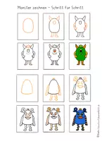 Vorschau - Arbeitsblätter - Kunst Lückenfüller, Schritt für Schritt Monster zeichnen, Kunstidee für Zwischendurch - Seite 1