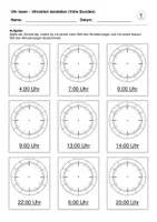 Vorschau - Arbeitsblätter - Uhrzeiten darstellen (Volle Stunden) (Uhr lesen) - Deckblatt