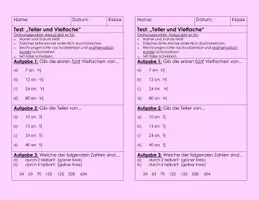 Vorschau - Arbeitsblätter - Mathetest Teiler und Vielfache Test Hausaufgabenüberprüfung - Seite 1