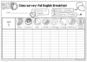 Vorschau - Arbeitsblätter - Full English Breakfast - Class Survey Englisch Grundschule (Klasse 3–4) – Interview & Speaking Activity für Wortschatztraining Frühstück | Arbeitsblätter - Seite 1