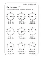 Vorschau - Arbeitsblätter - 3 x Arbeitsblatt zu Uhrzeiten / Uhr lernen (alle Uhrzeiten) mit Lösungsblättern - Seite 1