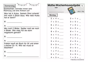 Vorschau - Arbeitsblätter - Wochenhausaufgabe Mathe Zahlenraum 10 - Seite 1