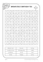 Vista previa - Hojas de trabajo - Brown Owl's Birthday Tea - WORD SEARCH - página 1