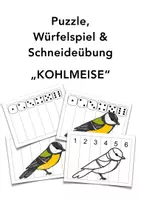 Vorschau - Arbeitsblätter - Puzzle, Würfelspiel & Schneideübung „BLAUMEISE“ (Zahlen bis 6 & Würfel) (Winter, Vögel, Meise) - Frühling - Seite 1