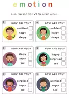 Vorschau - Arbeitsblätter - Learn emotions and feelings: choose correct option, match icon and text, unscramble the word, fill in crossword - Seite 1