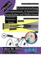 Vorschau - Stationenlernen - Stationenlernen: Schattenentstehung, Schattenraum, Schattenbild, Kernschatten, Halbschatten (Licht und Schatten, +Lösung) - Deckblatt