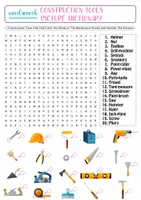 Vista previa - Hojas de trabajo - Find Construction Tools words in the game wordsearch / Encuentra palabras de Herramientas de construcción en la búsqueda de palabras del juego - Portada