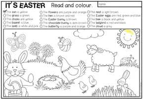 Vorschau - Arbeitsblätter - Easter Englisch – Ostern, Easter Vocabulary, Osterwortschatz, Colours, Farben, Reading, Reading Comprehension, Leseverstehen, Read and Colour | differenziertes Arbeitsblatt, Lesetraining 3., 4., 5. Klasse, Grundschule, Sekundarstufe - Seite 1
