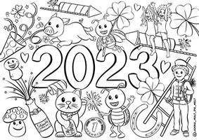 Ausmalbilder "Gutes neues Jahr 2023" / Silvester / Feriengruss
