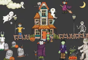 Vorschau - Präsentationen/Tafelbilder - Wimmelbild Halloween plus Arbeitsaufträge - Seite 1