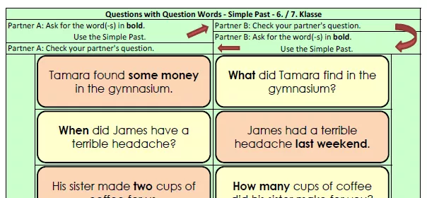 Bild in der Beschreibung des Unterrichtsmaterials Tandem Activity / Tandembögen - Simple Past - Questions with Question Words - 6. / 7. Klasse von Andreas Felis #2