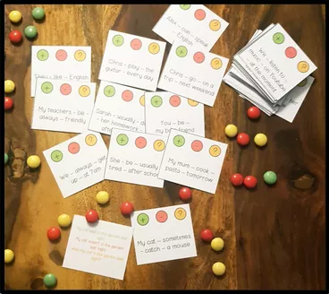 Bild in der Beschreibung des Unterrichtsmaterials Tenses Task Cards, Englische Zeiten, English Tenses, Grammatik Karten, Englisch Übungen | Present Simple, Present Progressive, Past Simple, Speaking, Grammar, 5., 6. Klasse von Unterrichtmitspass #1