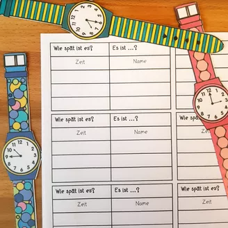 Bild in der Beschreibung des Unterrichtsmaterials Time - Speaking Activity (Die Uhrzeit - Sprechanlass) 3 Versionen: Deutsch, Englisch und Französisch, Uhren zum selbst Basteln! von Unterrichtmitspass #3