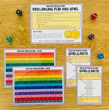 Bild in der Beschreibung des Unterrichtsmaterials Brüche vergleichen – Bruchrechnung / Bruchzahlen, Würfelspiel, Spiel, Aufgaben, Übungen, Bruchdarstellung, Bruchteile | Partnerarbeit, Klasse 5, 6, Sekundarstufe von Unterrichtmitspass #1