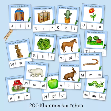 Bild in der Beschreibung des Unterrichtsmaterials 200 Klammerkärtchen: Laute hören (Lautanalyse, Klasse 1) von Grundschulatelier #1