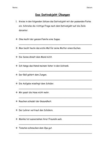 Das Dativobjekt Übungen – Unterrichtsmaterial im Fach Deutsch