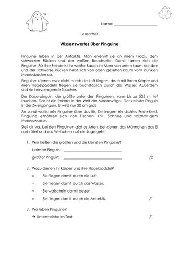 Klassenarbeit Pinguine (Lesearbeit Sachtext) Klasse 4 ...