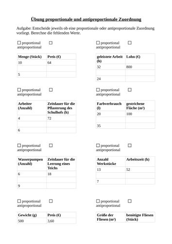 Proportionale und antiproportionale Zuordnung - Übung – Unterrichtsmaterial im Fach Mathematik