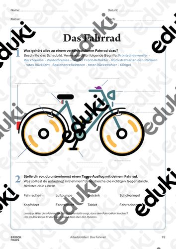 Arbeitsblatt Entdeckerbox »Das Fahrrad« – Unterrichtsmaterial im Fach ...