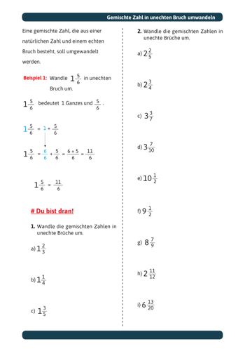 Gemischte Zahl in unechten Bruch umwandeln – Unterrichtsmaterial im Fach Mathematik
