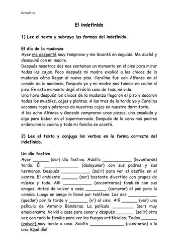 El Pretérito Indefinido - Ejercicios – Unterrichtsmaterial im Fach Spanisch