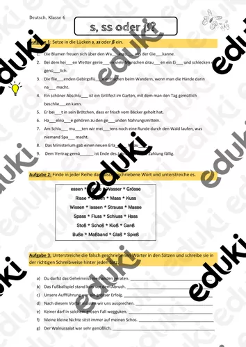 Arbeitsblatt s, ss oder ß – Unterrichtsmaterial im Fach Deutsch