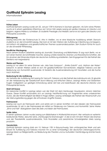 Gotthold Ephraim Lessing (Infotext und Übungen) – Unterrichtsmaterial ...