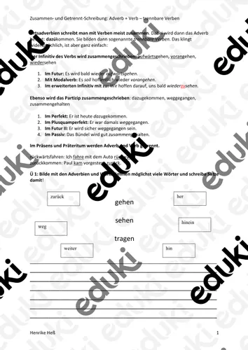 Adverb Verb - trennbare Verben - zusammen oder getrennt ...