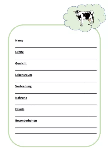 Steckbrief Kuh – Unterrichtsmaterial im Fach Sachunterricht