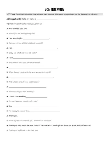 Dialog Job Interview Dialog - job interview + Formulierungshilfe – Unterrichtsmaterial im ...