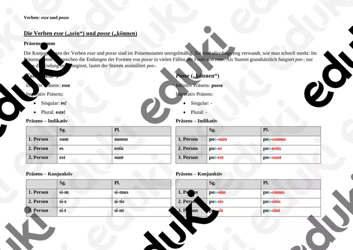 Latein: Übersicht über die Konjugationen von esse und posse ...