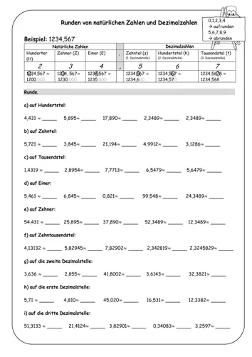 runden von naturlichen zahlen und dezimalzahlen Runden Von Dezimalzahlen Arbeitsblatt
Runden von natürlichen Zahlen und Dezimalzahlen – Unterrichtsmaterial