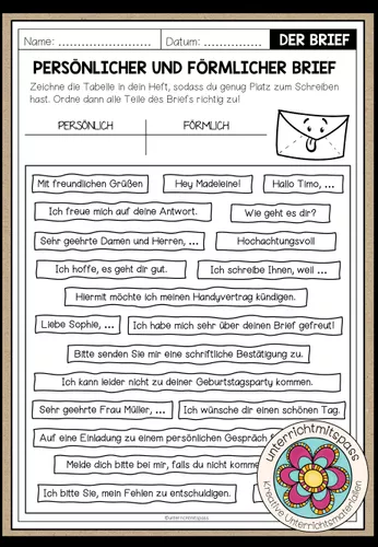 BRIEFE - Unterschiede persönlicher und förmlicher Brief (Arbeitsblatt 1 ...