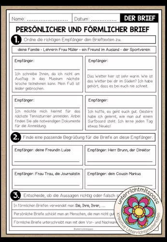 BRIEFE - Unterschiede persönlicher und förmlicher Brief (Arbeitsblatt 2 ...