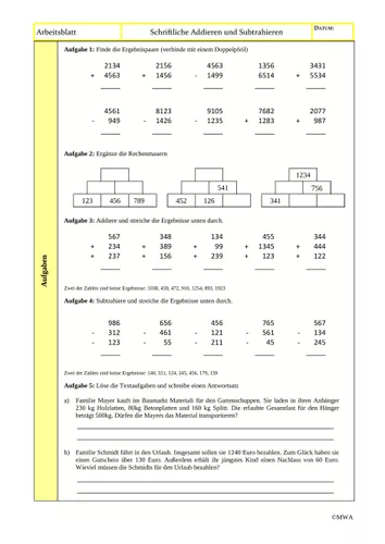 Arbeitsblatt Schriftliches Addieren Und Subtrahieren arbeitsblatt-schriftliches-addieren-und-subtrahieren