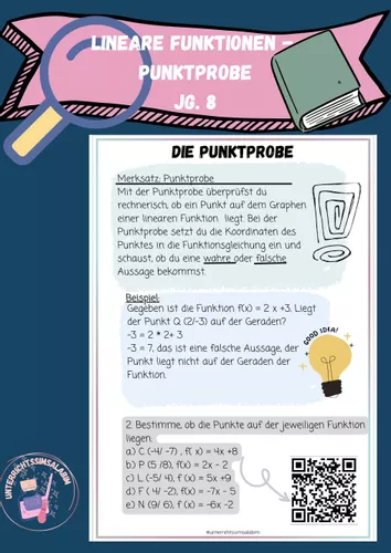 Punktprobe Lineare Funktionen - Punktprobe – Unterrichtsmaterial im Fach Mathematik