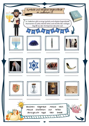 judentum symbole und religiose gegenstande mit losung Judentum Arbeitsblatt
Judentum Symbole und religiöse Gegenstände mit Lösung