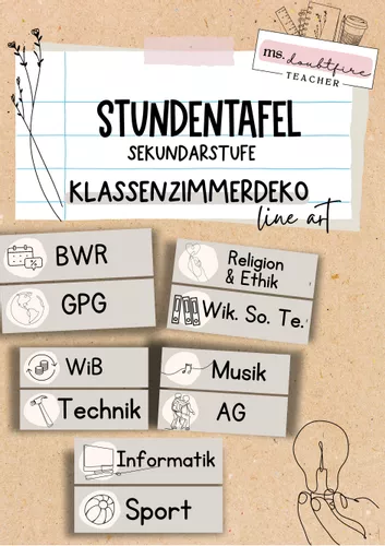 Klassenzimmerdeko line art & Boho: Stundenplan, Tagestransparenz ...