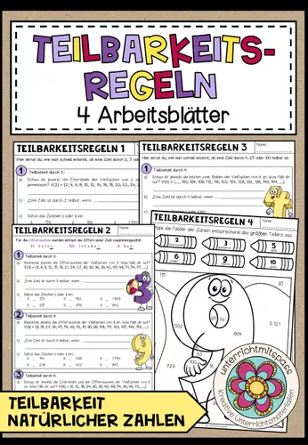 TEILBARKEITSREGELN - 4 Arbeitsblätter – Unterrichtsmaterial im Fach Mathematik