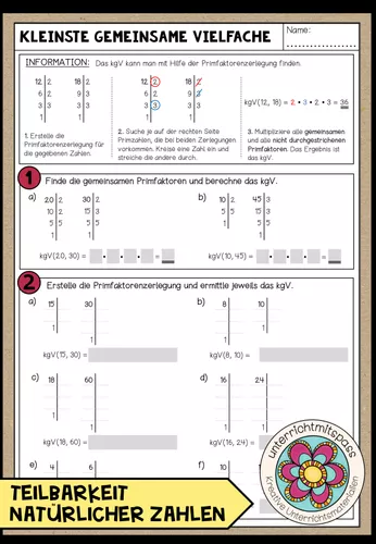 kgV (kleinste gemeinsame Vielfache) - Arbeitsblatt ...